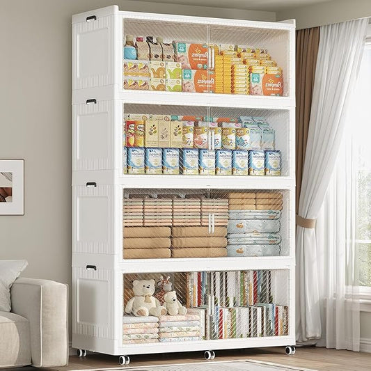 800QT Extra Large Storage Bins with Lid and Wheels, 200Gal Stackable Closet Organizers and Storage Cabinet, Collapsible Storage Box with Doors for Home Kitchen Office Dorm, 4Pack White Clear