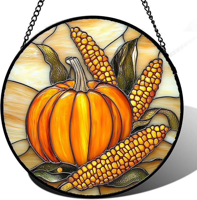 DASTOLL Stained Glass Window Hanging Autumn Harvest Pumpkin Corn 9.8" - Suncatcher Door Garden Kitchen Sunroom Sun Catcher Fall Home Decor Birthday for Mom Grandma Men Woman