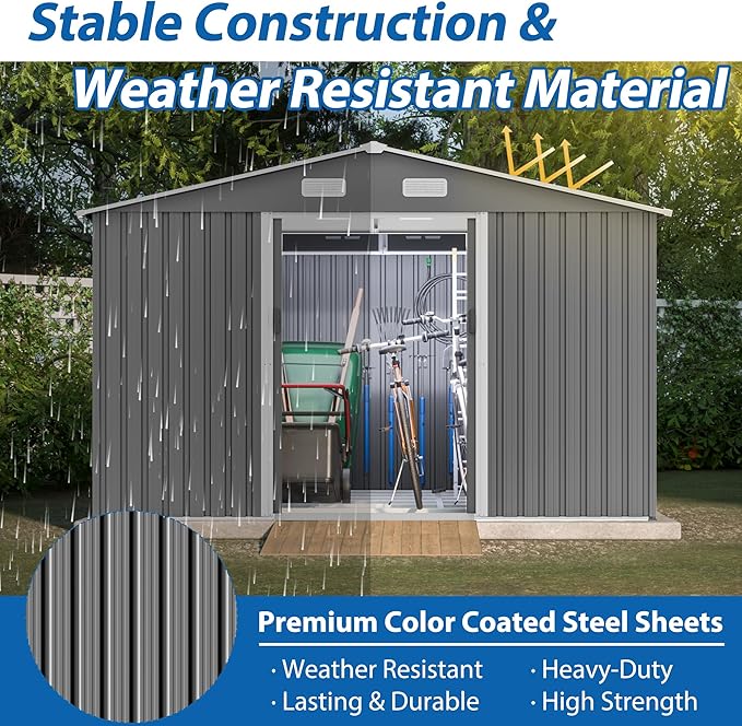 Favfurish Outdoor Storage Shed 10x8 FT with Lockable Sliding Doors,Metal Waterproof Tool Sheds W/Sloped Roof and Vent,for Backyard,Patio,Lawn,Grey