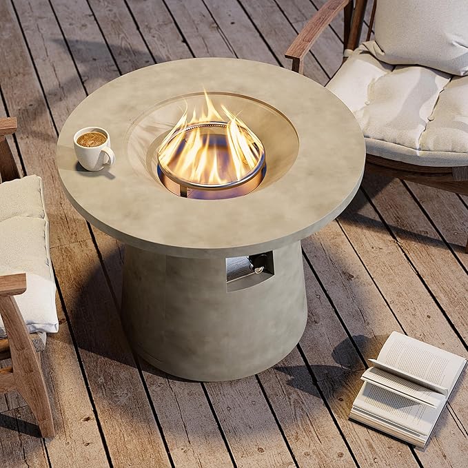 HOMPUS Outdoor Fire Pit Gray Propane Fire Table, 31 inch Round Propane Fire Pit, 40,000 BTU Gas Smokeless Fire Pit Table, Patio Concrete Firepit with Rain Cover for Garden, Deck, Backyard