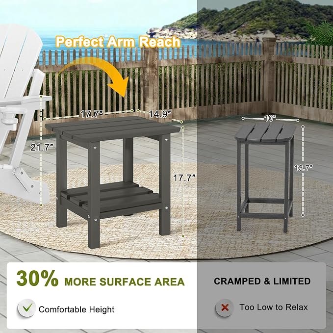 Adirondack Outdoor Side Table Set of 2, 2-Tier Small Patio End Table, Weather Resistant HDPE Outdoor End Tables for Garden, Lawn, Pool, Beach, Porch, Deck, Backyard - Square, Dark Gray