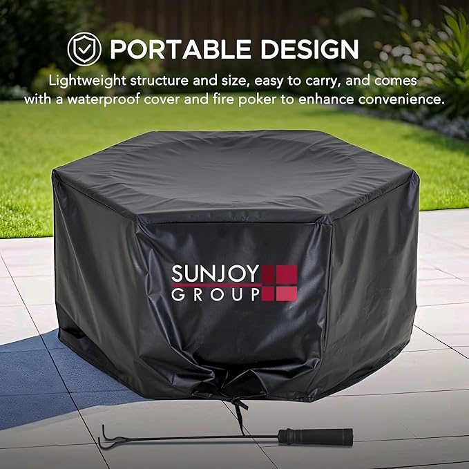 Sunjoy 28 in Smokeless Fire Pit with Removable Ash Pan, Outdoor Portable Wood Burning Fireplace with PVC Cover and Fire Poker,Ideal for Camping, Bonfire, and Backyard, Black
