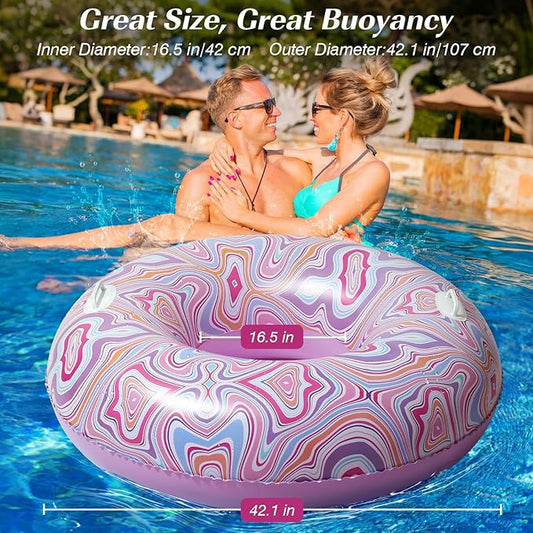 HeySplash Pool Tubes for Adult, Tube Rafts Large Floats with Handles, 42 Inch Inflatable Cute Swimming Ring Lounge for Pool Beach River Lake, Swim Floaties Party Decoration Toys, Colorful Pink Ripple