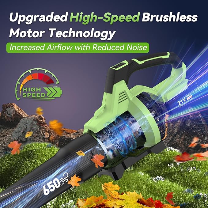Leaf Blower Cordless,650 CFM & 160 MPH Electric Cordless Leaf Blower with 2 * 4.0Ah Batteries & Noise-Reduction Ear Muffs,3 Speed Powerful Blowing Ideal for Lawn Care, Blowing Leaves, Dust, Snow