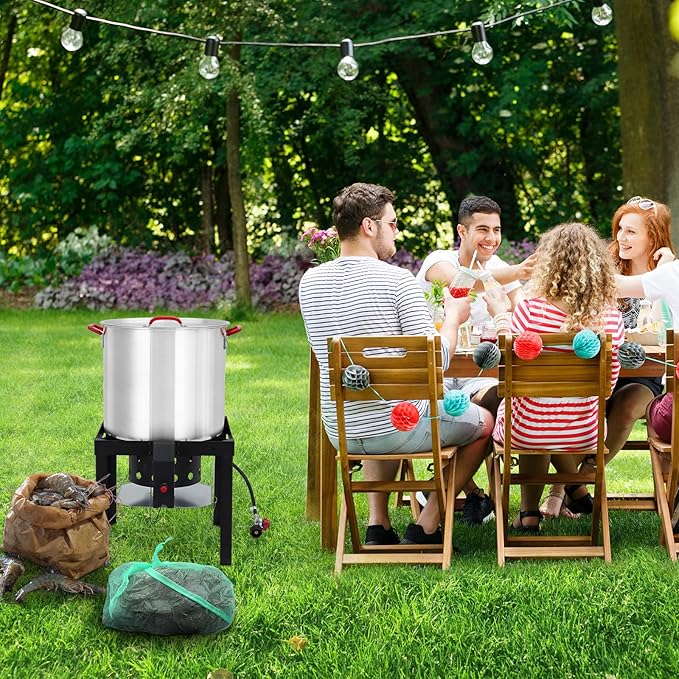 60 Qt Seafood Boil Pot, ACONEE Aluminum Crawfish Boiling Kit with Steam/Boil Basket & Strainer, 110000 BTU Propane Jet Burner & Lifting Hook, 10 PSI Regulator, Outdoor Cooking Shrimp Crab Boiler