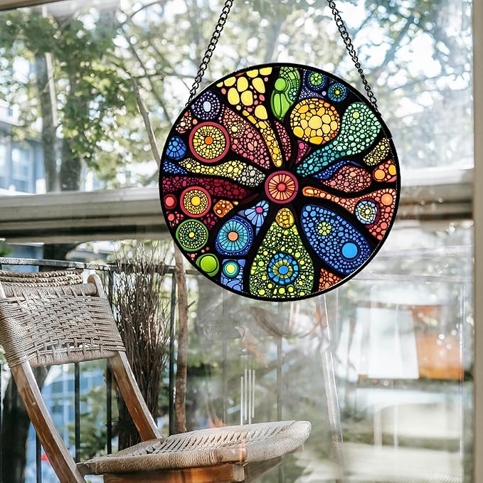 QZQCBLC Stained Glass Window Hanging Colorful Abstract Plants 9.8" - Retro Boho Suncatcher Door Garden Sun Catcher Home Decor Birthday Christmas for Mom Men Woman Nana