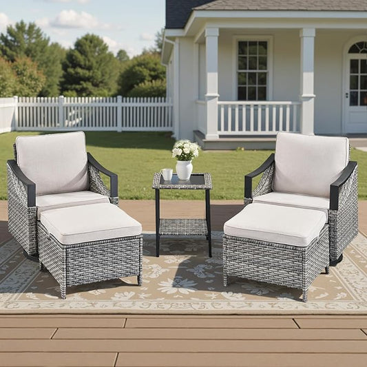 5 Pieces Patio Furniture Set - High Back Outdoor Swivel Rocker Chairs with Thick Cushions 2 Ottoman and Side Table, Wicker Patio Conversation Sets for Porch Deck Garden Backyard Gray/Beige