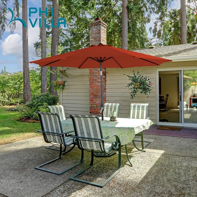 PHI VILLA 9ft Patio Umbrella Clearance, Outdoor Market Table Umbrellas with 8 Ribs and Push Button Tilt for Garden Deck & Poolside (No Base)