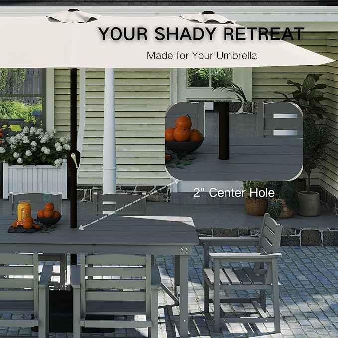 Kingdura 7 Piece Patio Dining Set for 6, HDPE Outdoor Table & Chairs with Umbrella Hole, All-Weather Outdoor Furniture Patio Conversation Set for Lawn Pool Backyard, Grey