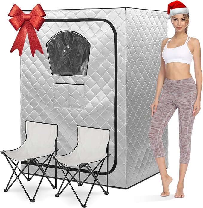 Gollense Portable Sauna for Home 2 Person Steam Tent with 2 Folding Chairs, Full Size Large Foldable Indoor Steam Box for Relaxation, Steamer NOT Included, Sliver