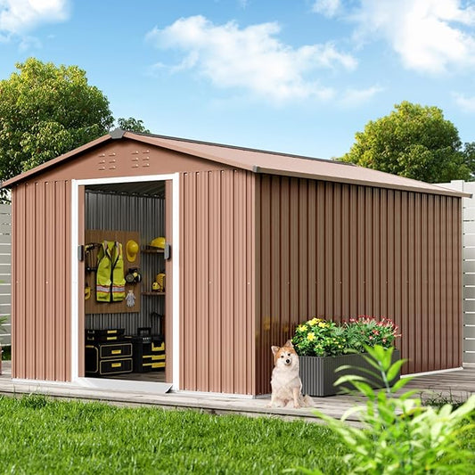8X12 FT Metal Outdoor Storage Shed, Large Galvanized Steel Garden Tool Shed with Lockable Double Doors & Ventilation - Weatherproof Shelter for Bicycles, Lawn Mowers, Tools in Backyard