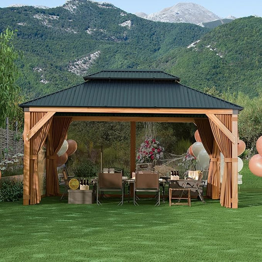 GarveeLife Hardtop Wood Gazebo 10 ft x12 ft for All Weather, with Double Metal Roof, Heavy Duty Wooden Frame, Net, and Curtain, Permanent Building for Patio, Deck, Backyard, Lawn, and Garden, Khaki