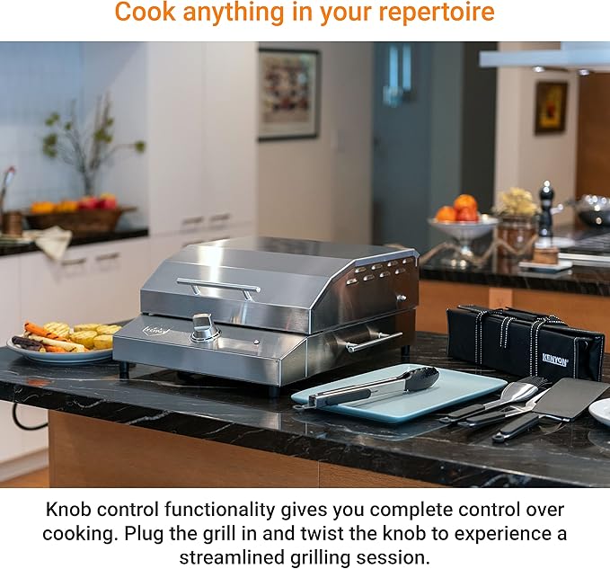 Kenyon G2 Portable Tabletop Electric Grill, 1440W Single Burner, Stainless Steel Body, Cast Aluminum Grate, UL Approved Grill For Indoor And Outdoor Use, Removable Lid, Dishwasher Safe, 120Volts