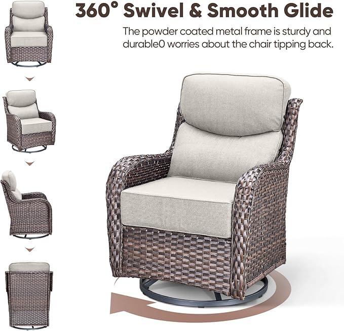 Swivel Patio Chairs Sofa Set of 8 with 6" Thick Cushion - Wicker Outdoor Swivel Rocker Patio Chair,Sofa/Glass Coffee Table, High Back Comfortable Outdoor Glider Chairs - Brown Wicker | Beige Cushions