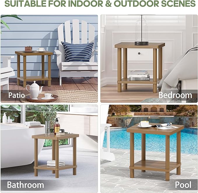 LEJANEOYE Outdoor Side Table, 2-Tier Small Outdoor Table for Patio, Adirondack Side Tables for Outside or Indoor, Bamboo End Table for Pool, Porch, Weather Resistant Easy Maintenance,Brown