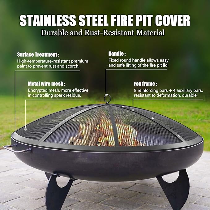 Fire Pit Spark Screen, 24Inch Fire Pit Lid Outdoor with Handle & Poker, Heavy-Duty Mesh Firepit Cove with 12 Reinforced Bars for Backyard/Beach/RV Camping
