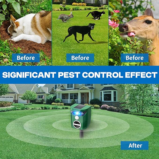2 Pack Motion Activated Cat Repellent, Outdoor Weatherproof Deer Repellent Device with Flashing Lights & Alarm Solar Ultrasonic Animals Repellent for Cats, Dogs, Raccoons, Rabbits, Squirrels, Skunks