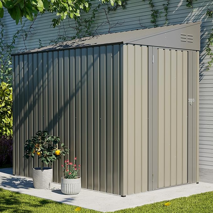 4x7 FT Outdoor Storage Shed Lean to Shed,Metal Shed W/Lockable Door & Air Vent,All Weather Waterproof Garden Tool House W/Reversible Installation,for Backyard,Patio,Lawn,Olive Gray
