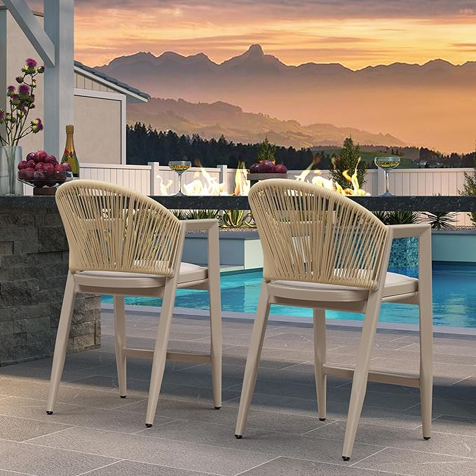 PURPLE LEAF Outdoor Counter Height Bar Stools Set of 2 Wicker Rattan Counter Stools Bar Chairs Barstool for Patio Kitchen Island Lawn Champagne