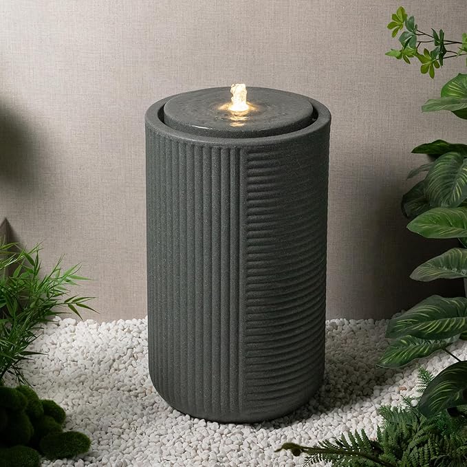 Puulye 23.22" H Outdoor Water Fountain Made with Eco-Friendly Recyclable Materials, Polyethylene Tall Round Bubbler Outdoor Fountain, Garden Decor with LED Light & Pump for Patio, Porch, Backyard
