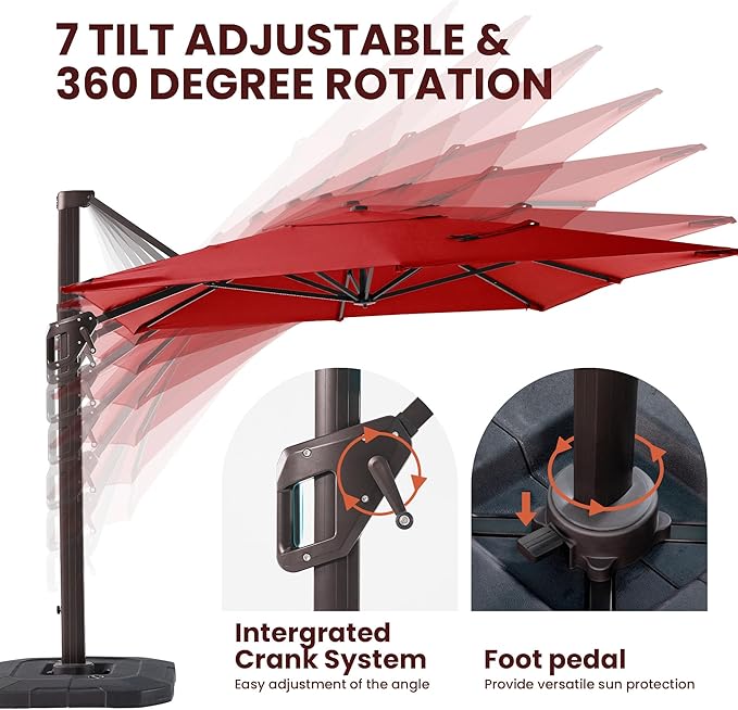 9' X 12' Cantilever Patio Umbrella with Base Included Rectangular Outdoor Large Offset Umbrellas with 7 Tilts Adjustable 360°Rotation for Deck Pool Garden Backyard, Red