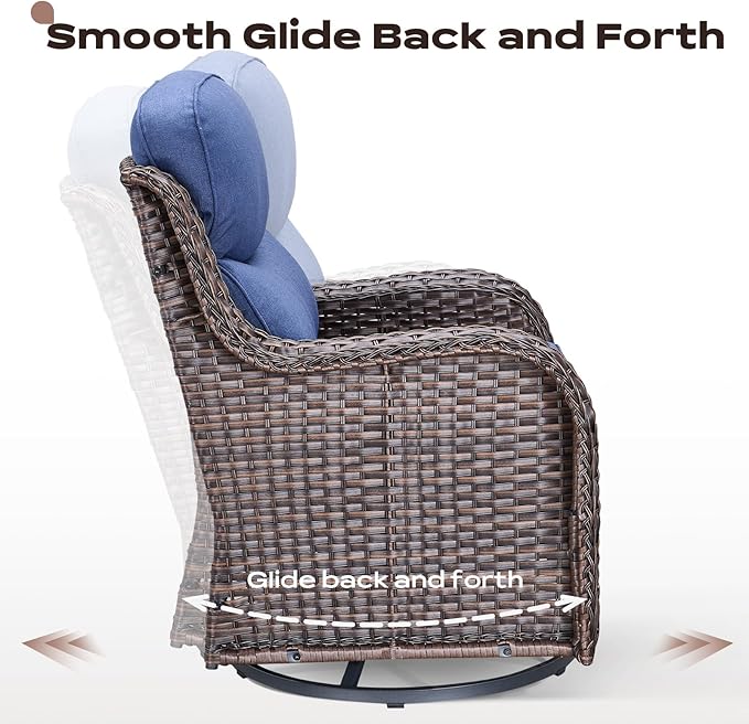 Rilyson Wicker Outdoor Patio Furniture Set - 6 Piece Patio Conversation Sets with Swivel Rocker Chairs, Ottomans, Sofa and Side Table, 6 inch Cushions, Waterproof Wicker, for Porch Deck Brown/Blue