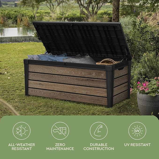 Keter Signature Collection 120 Gallon Resin Deck Box Organization and Storage Box for Patio Outdoor Cushions, Throw Pillows, Garden Tools and Pool Supplies, Walnut