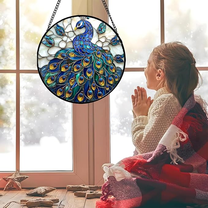 AMDERVEN Stained Glass Window Hanging - Peacock Blue Gold Feathers Sun Catcher for Door Garden Home Decor Bird Suncatcher Christmas Mother's Day Birthday Gifts for Women Men Mom Nana 15 in