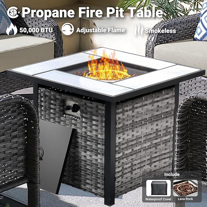 ovios 4 Pieces Patio Furniture Set with 30" Fire Pit Table, Outdoor Wicker Chairs of 4, All Weather High Back Rattan Chairs 4-Seater with Comfy Cushions, Beige