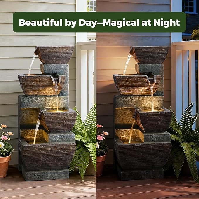Kingsyard 4-Tier Cascading Outdoor Water Fountain with Lights, 28" Resin Rock Garden Decor with 12 Warm LEDs & ETL Certified Pump, Freestanding Water Feature for Patio, Porch, Deck & Backyard