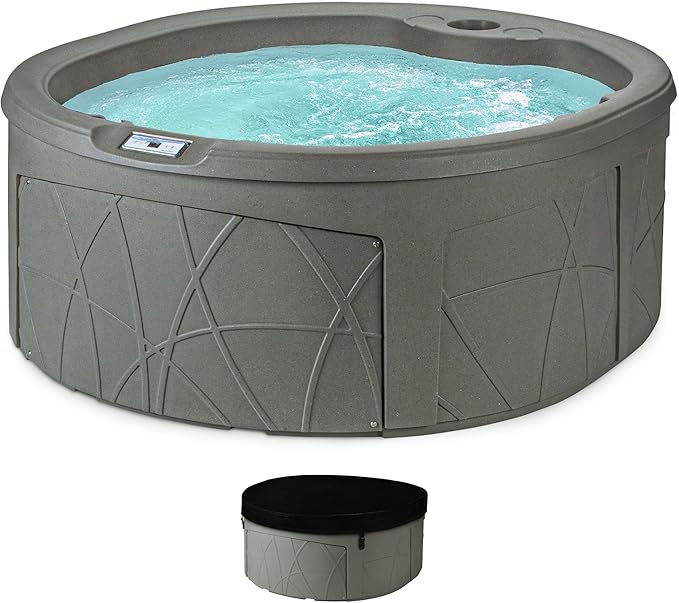 LifeSmart 4-Person Outdoor Hot Tub with Cover, LED Lights & Accessories – Circular Above-Ground Spa in Taupe