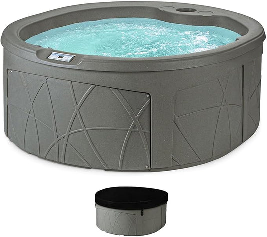 LifeSmart 4-Person Outdoor Hot Tub with Cover, LED Lights & Accessories – Circular Above-Ground Spa in Taupe