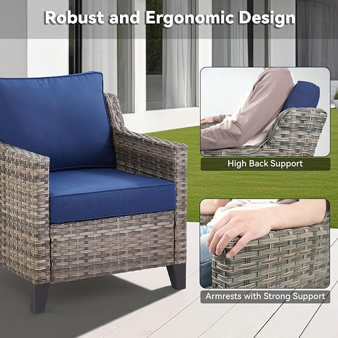 Patio Chairs Set of 2-All Weather Rattan Wicker Outdoor Chair with Thickened Cushions Outdoor Patio Chairs for Porch Deck Balcony Garden Grey/Blue