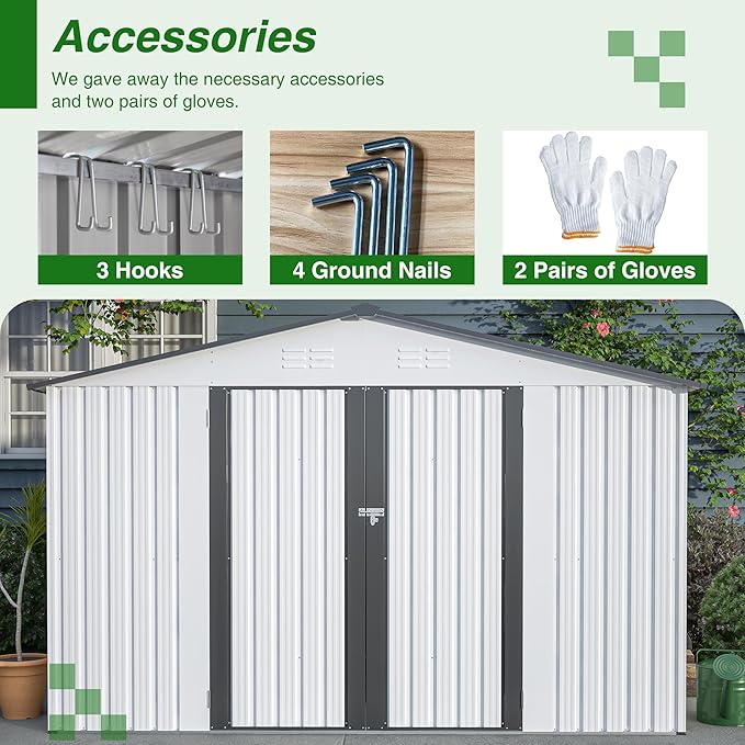 8x10 FT Outdoor Storage Shed, Metal Garden Shed with Lockable Hinged Doors, Outside Tool Shed with Sloped Roof & 4 Air Vents, Waterproof Storage Building for Backyard, Patio, Lawn, White