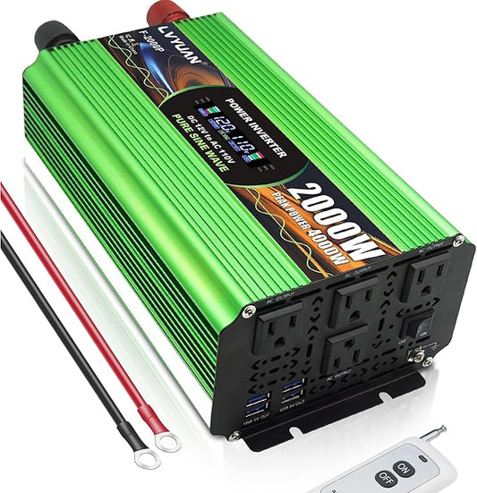 2000W Pure Sine Wave Power Inverters, LVYUAN 4000W Peak Power 12V DC to AC 120V Power Converter for RV, Truck, Outdoor, Remote Control Quadruple AC Outlets and USB Ports Inverter with LCD Display