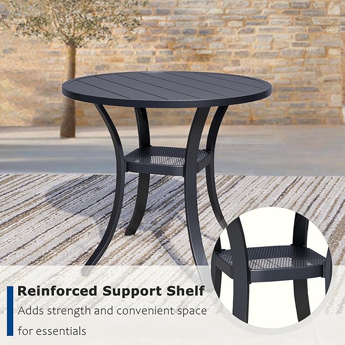 3 Piece Outdoor Dining Set, Patio Table and Chairs Set of 2, 27.6" Black Round Patio Table with 2 Dark Blue Stackable Patio Chairs for Lawn, Garden, Porch