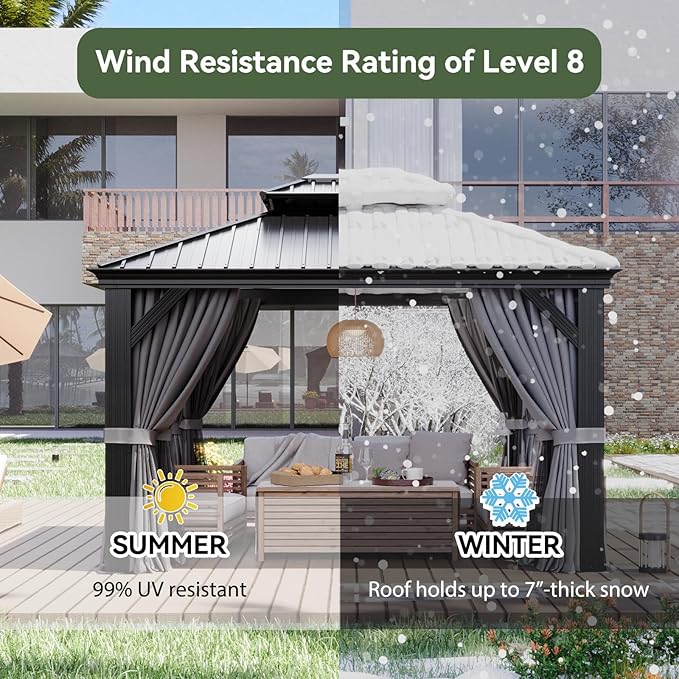 Aoxun 10' X 12' Hardtop Gazebo with Drainage System, Aluminum Outdoor Gazebo with Galvanized Steel Double Roof, Patio Permanent Metal Pavilion with Netting, for Garden, Deck, Grey