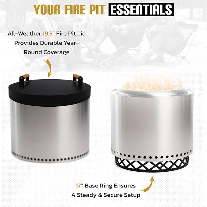 FEBTECH - Smokeless Fire Pit Accessories Combo – 17" Carbon Steel Base, 20" Lid with 2 Wooden Handles – Bonfire Fireplace Tools for Camping, Patio, Backyard - Solo Stove Accessories
