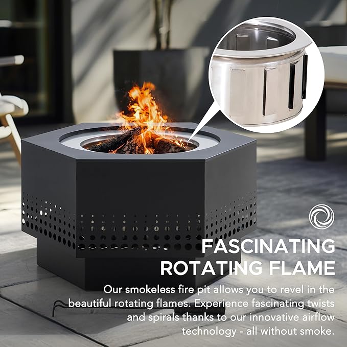 Sunjoy 28 in Smokeless Fire Pit with Removable Ash Pan, Outdoor Portable Wood Burning Fireplace with PVC Cover and Fire Poker,Ideal for Camping, Bonfire, and Backyard, Black