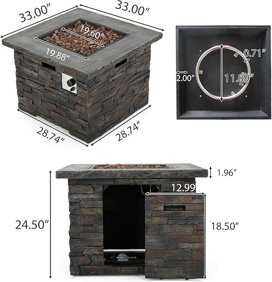 Outdoor Propane Fire Pit Table, 33 Inch Square MGO Concrete Fire Pit with Lava Rocks, Smokless Fire Table for Outside Patio, Garden, Backyard, 40,000 BTU, Tank Inside, Stone Gray