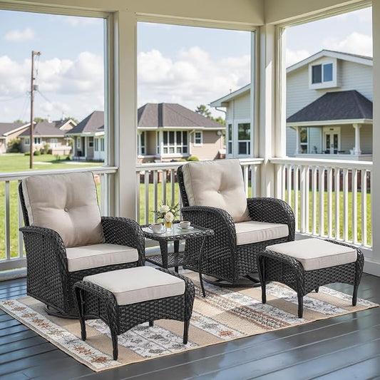 5 Piece Swivel Rocker Glider Outdoor Chairs Set of 2 with Ottoman and Glass Side Table Patio Bistro Furniture Set, Comfort High Back Wicker Patio Conversation Set for Deck Porch Sunroom