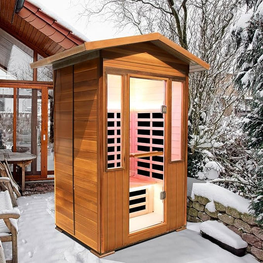 Far Infrared Home Sauna Room,1800W Light Therapy Lamp Dry Saunas for Home,2-3 Person Home Sauna,Red Cedar Corner Sauna Spa with Bluetooth Speaker,for Unwell Men,Women,Elderly