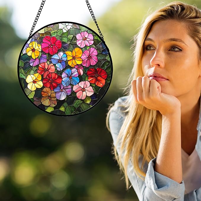 QZQCBLC Stained Glass Window Hanging Colorful Flower Wildflowers 7.8" - Suncatcher Door Garden Sun Catcher Home Decor Birthday Christmas for Mom Lover Woman Nana Friend Wife