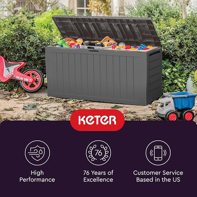 Keter Marvel Plus 71 Gallon Resin Outdoor Storage Box for Patio Furniture Cushions, Throw Pillows, Garden Tools and Pool Floats, Light Grey