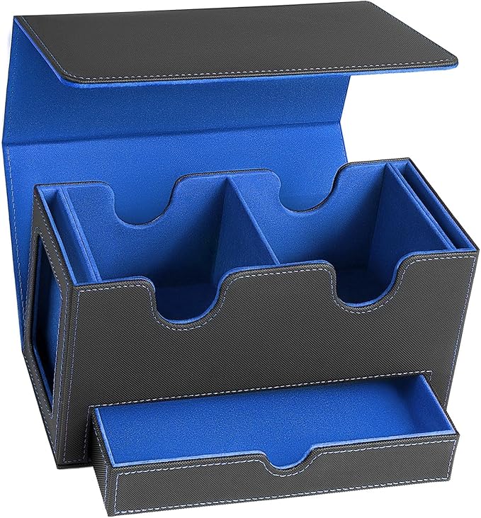 MTG Deck Box with 2 Commander Display,Commder Deck Box Fits 310+ Cards，with Dice Tray,Leather Magnetic,Fits for TCG CCG Magic Cards (Black Blue)