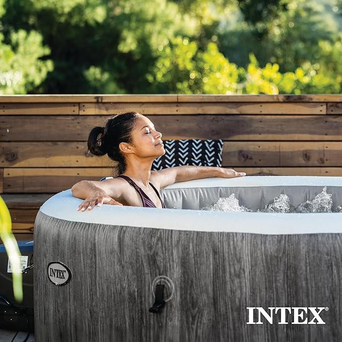INTEX 28441EH PureSpa Greywood Deluxe Spa Set: Includes Energy Efficient Spa Cover - 170 Bubble Jets - Round Design - 6 Person Capacity - 85" x 28"