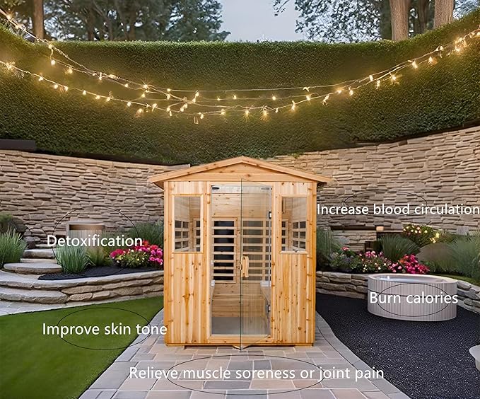 Outdoor Sauna 4 Person Infrared Saunas for Home, 2050watt Canadian Hemlock Wooden Large Sauna Room with Blue-Tooth, 4 Chromo Therapy Lighting, 2 LCD Control
