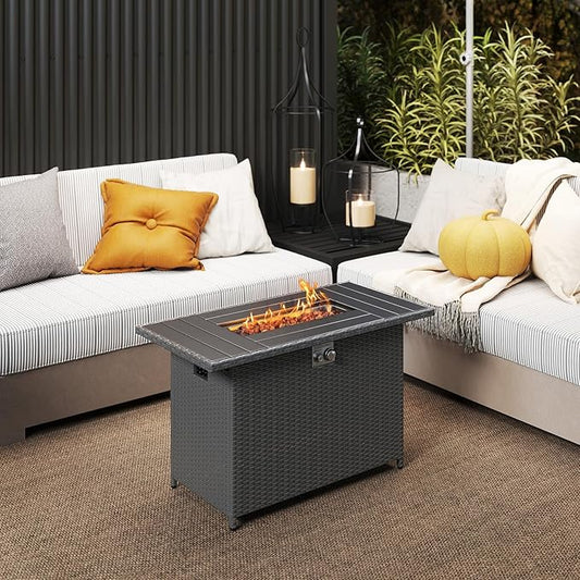 Tangkula 44.5 Inch Propane Fire Pit Table, Outdoor Rattan Gas Firepit with Metal Slatted Tabletop & Stainless Steel Burner, Rectangle Fire Pit with Lava Rocks & Protective Cover for Outside Patio