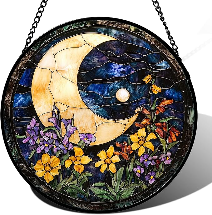 JOSUMALY Stained Glass Window Hanging - Blue Night Sky Moon Suncatcher for Door Terrace Garden Home Decor Wildflowers Sun Catcher Birthday Gifts for Lovers Women Men Dad Mom Nana 11.8 in