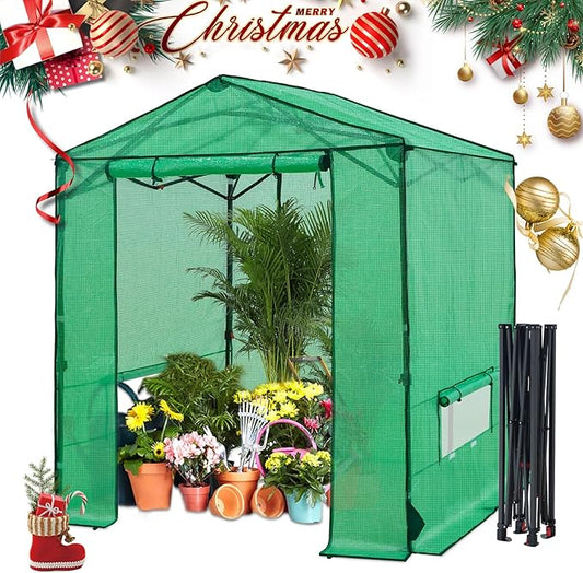 6x6 Pop Up Walk-in Greenhouse, Indoor & Outdoor PE Cover Green House with Power Access Ports, Roll-up Zippered Doors and Windows, Green